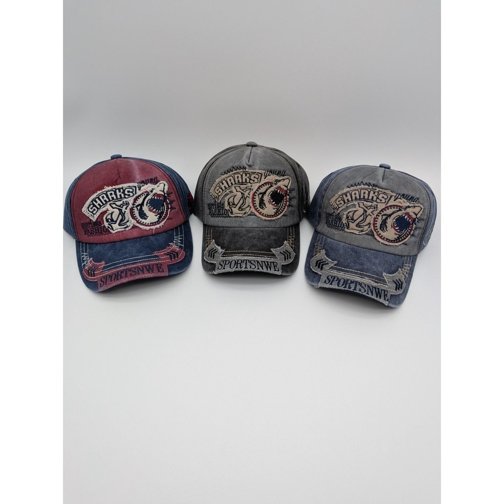 Bundle 3x Streetwear Distressed Washed Baseball Caps Retro Y2K Shark Patches
